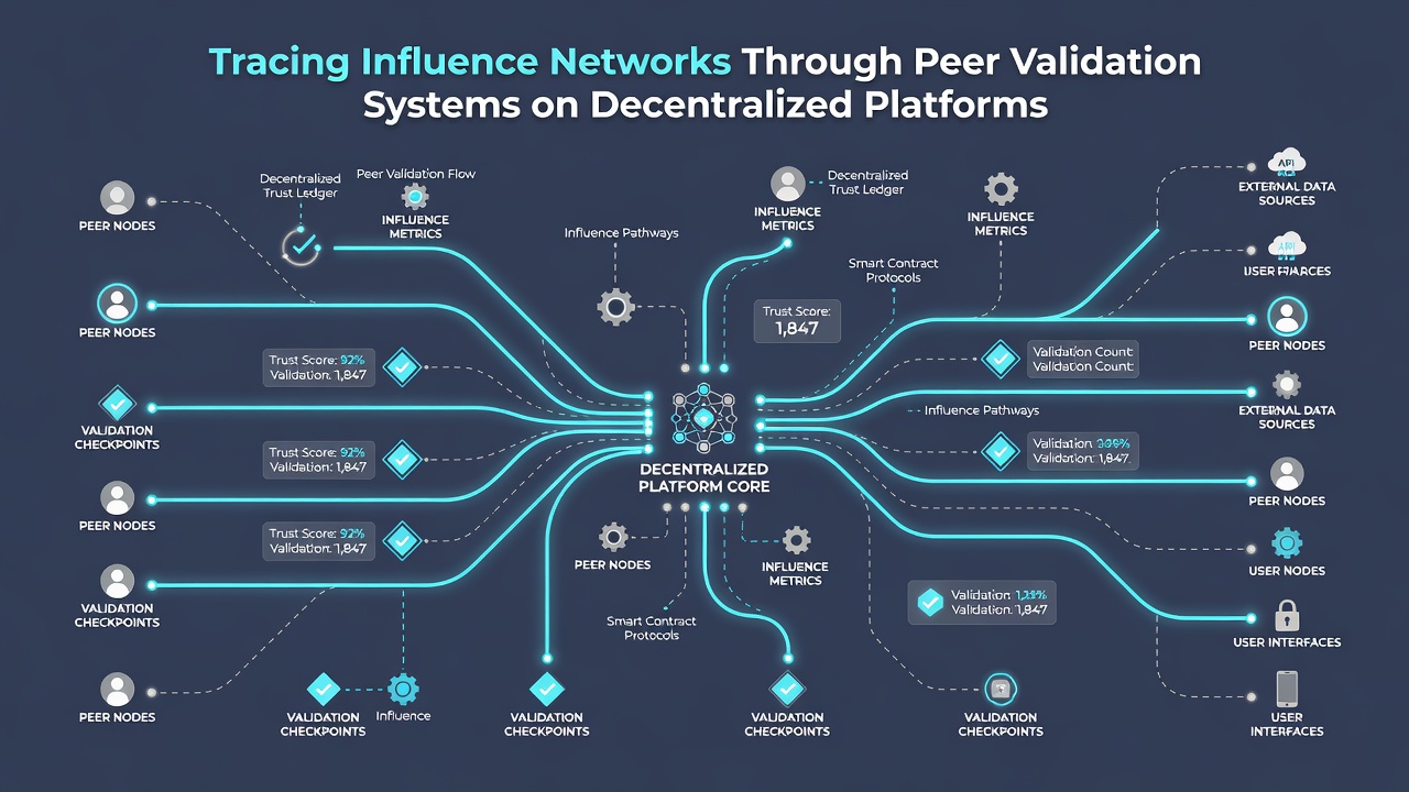 Graph visualization of influence clusters formed by repeated peer validations in a decentralized environment